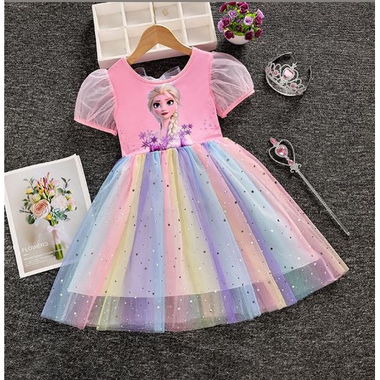 Đầm thun voan cầu vồng elsa lấp lánh cho bé gái