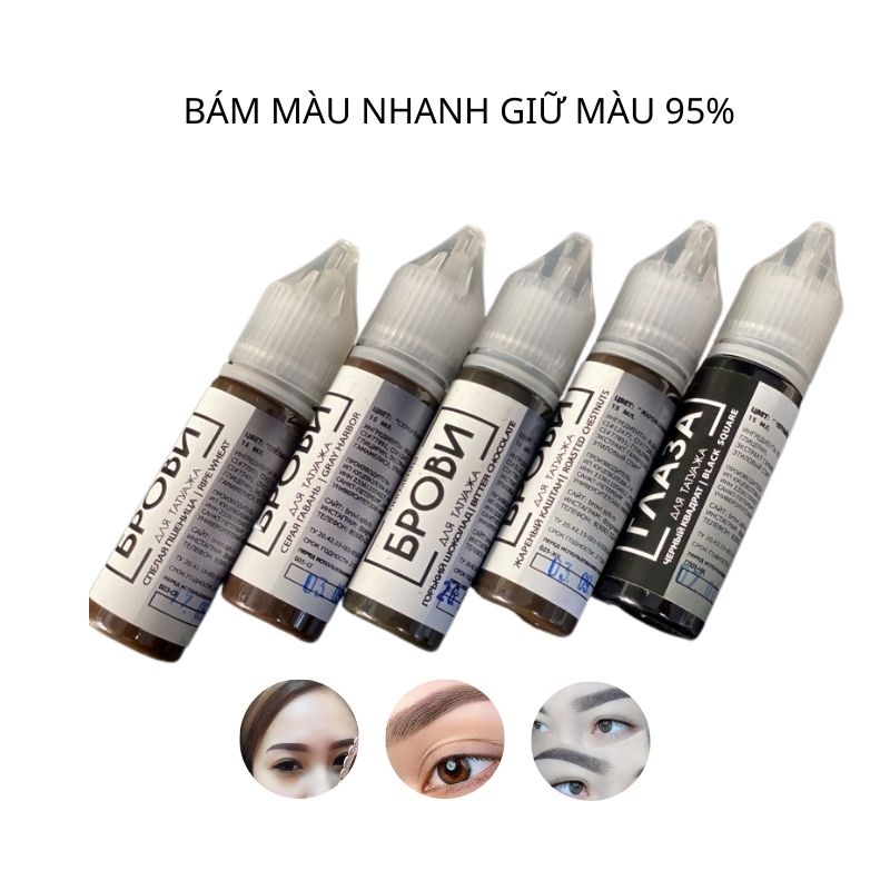 Mực xăm mày hữu cơ Brovi Nga cao cấp chính hãng bám nhanh giữ màu 95% dạng lọ 15ml ( Tặng công thức  mix màu)