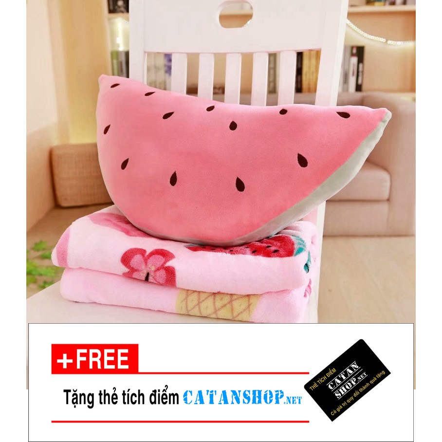 gấu bông kèm mền 3 in 1, Gối mền dâu, chuối, dưa hấu 3 trong 1, nỉ nhung cực mịn, chăn gối văn phòng, quà sinh nhật
