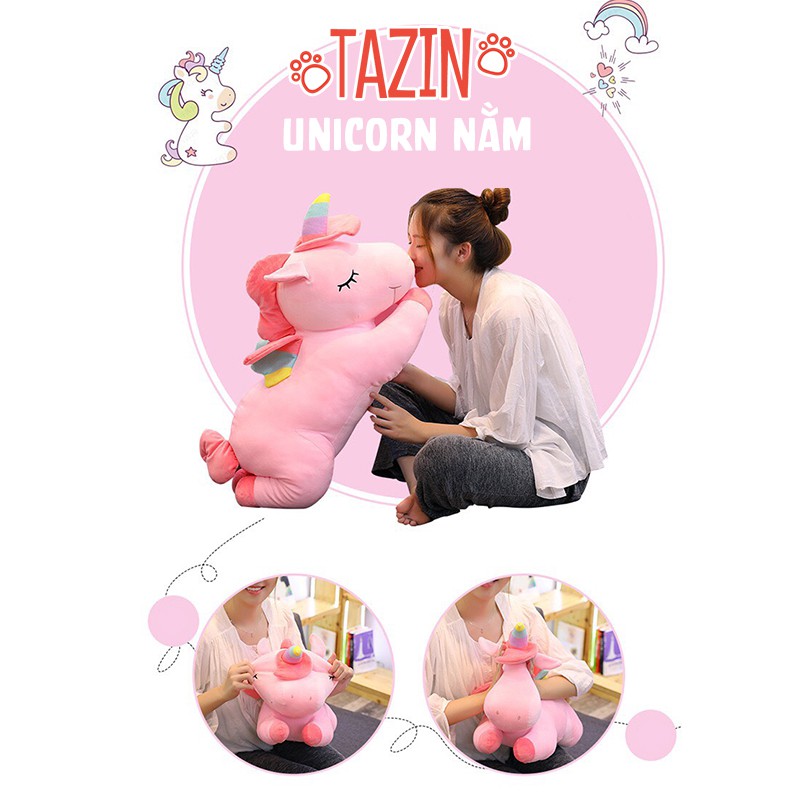 Gấu bông kì lân unicorn nằm, gối ôm thú nhồi bông kì lân unicorn cho bé cao cấp Tazin