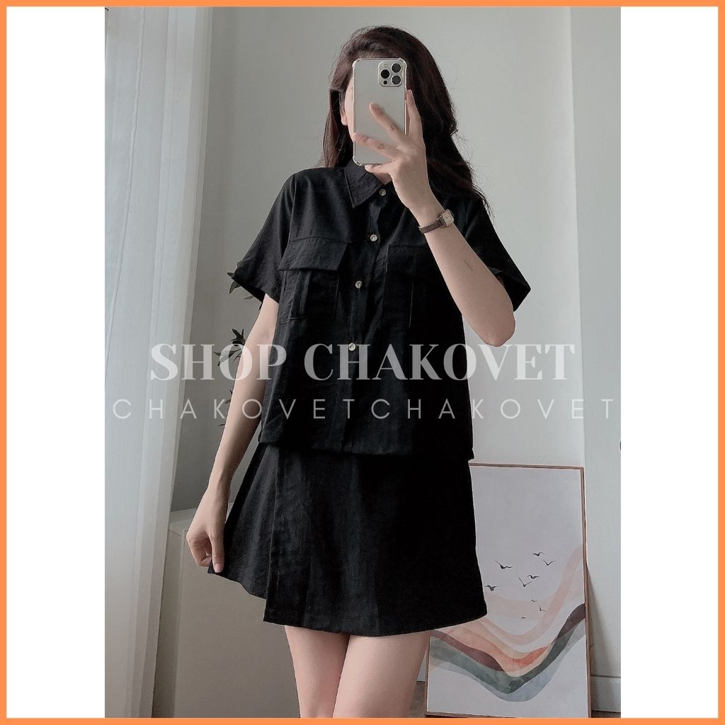 Set đồ nữ mùa hè đi biển S8288, bộ set sơ mi quần đùi giả váy áo cộc tay 2 túi sang chảnh cá tính freesize - CHAKOVET