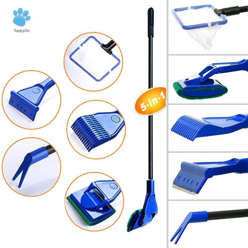 Set 5 dụng cụ hỗ trợ làm sạch bể cá gồm vợt lưới / cái cào / nĩa / cọ bọt biển / đồ gạt