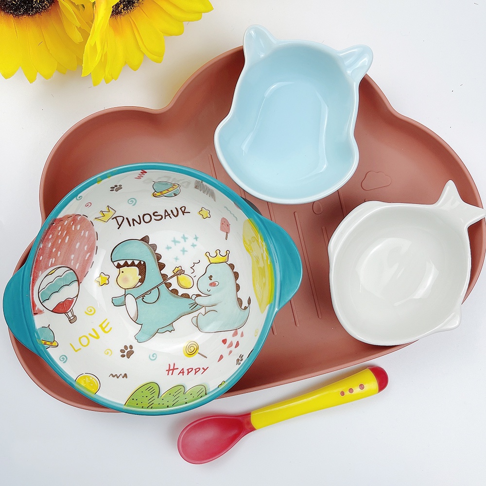 Bộ Bát Sứ Ăn Dặm Kiểu Nhật, Set Bát Ăn Dặm Gốm Sứ Kèm Khay Ăn Dặm Nhiều Hình Màu Đáng Yêu Cho Bé Tặng Kèm Thìa Báo Nóng