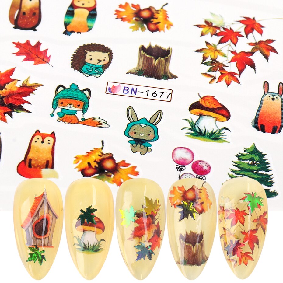 HAMA NAIL 12pcs Autumn Leaves Water Transfer Stickers Nails Art Yellow Maple Animal Decals Polish Slider DIY Decoration