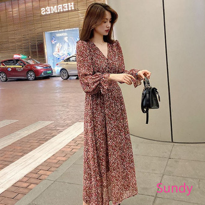 Đầm chiffon in hoa retro thời trang cho nữ