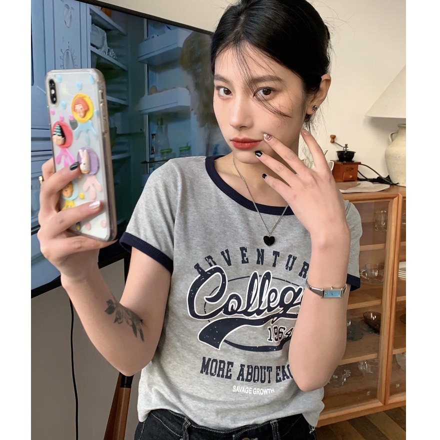 Áo Thun Tay Ngắn Dáng Ôm In Chữ Phong Cách Cổ Điển Thời Trang Mới 49810