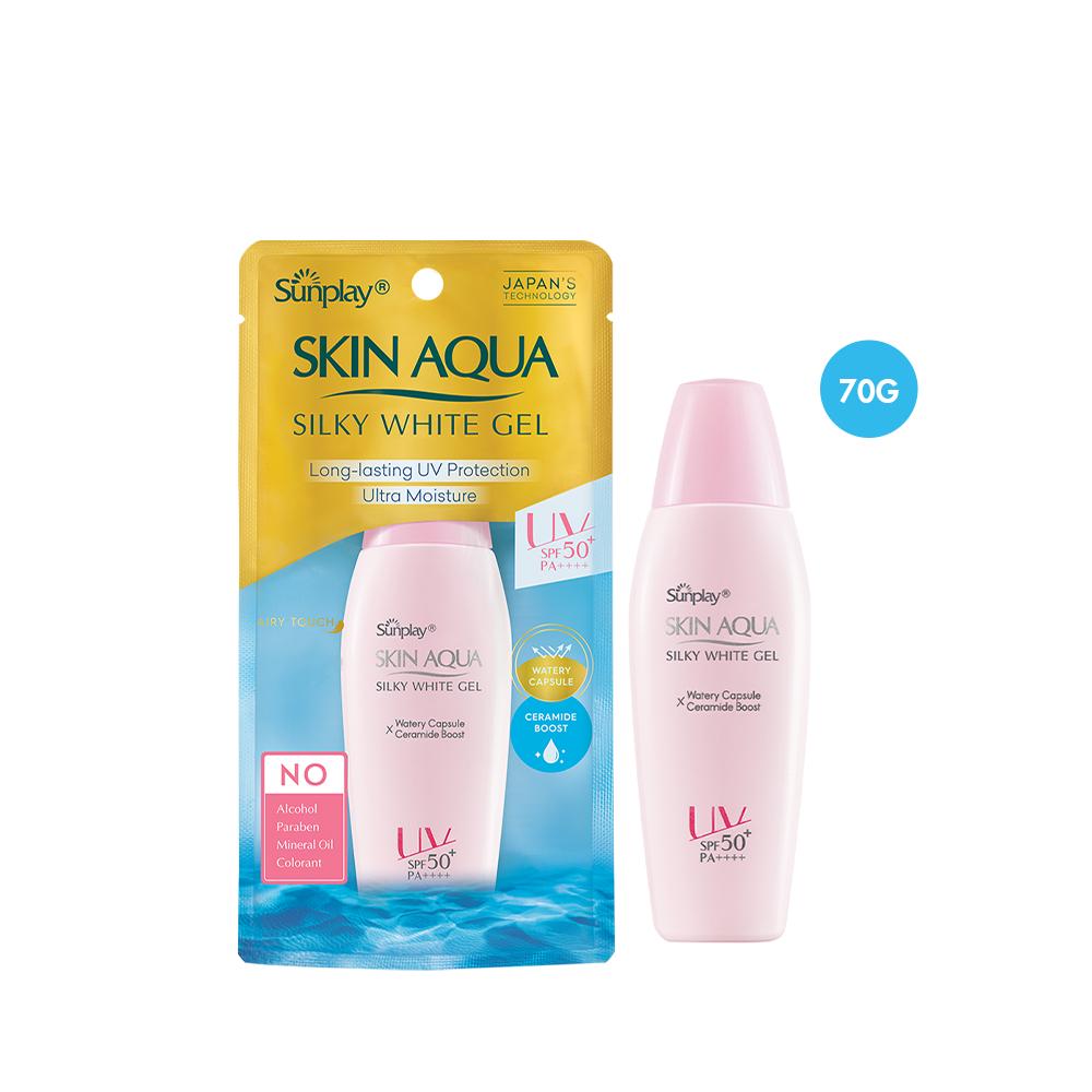 Gel chống nắng dưỡng trắng cho da khô Sunplay Skin Aqua Silky White Gel SPF 50+ PA++++ 70g