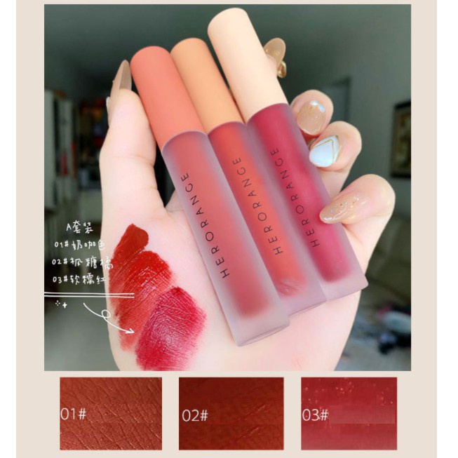 Set 3 Son Kem Lì Herorange Dài Siêu Xinh Chất Mềm Và Mịn Môi Cao Cấp