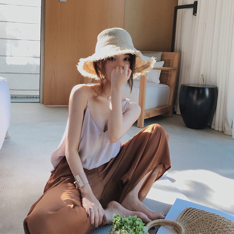 Mũ Cói Rộng Vành Thoáng Khí Màu Sắc Tương Phản Phong Cách Hàn Quốc Cho Nữ