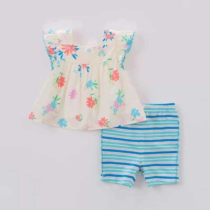 Bộ hè thun cotton Little Maven bé gái hoa tay cánh tiên quần kẻ xanh - PD1902
