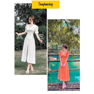 Đầm midi cổ bèo nút bọc tay ngắn hai màu