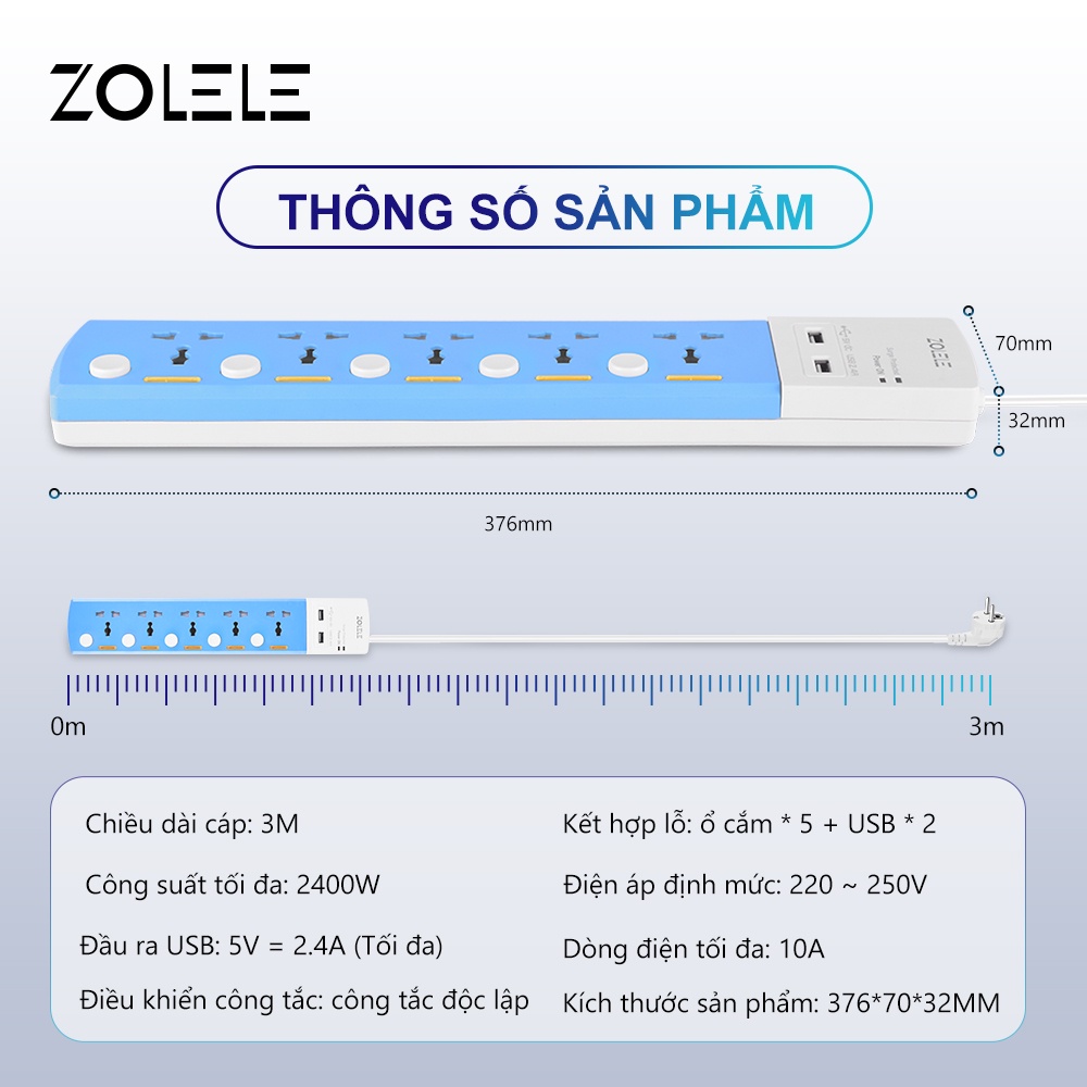 Ổ cắm điện đa năng Xiaomi Zolele ZK100 chiều dài dây 3M, chống sét bảo vệ quá tải 2400W có công tắc độc lập