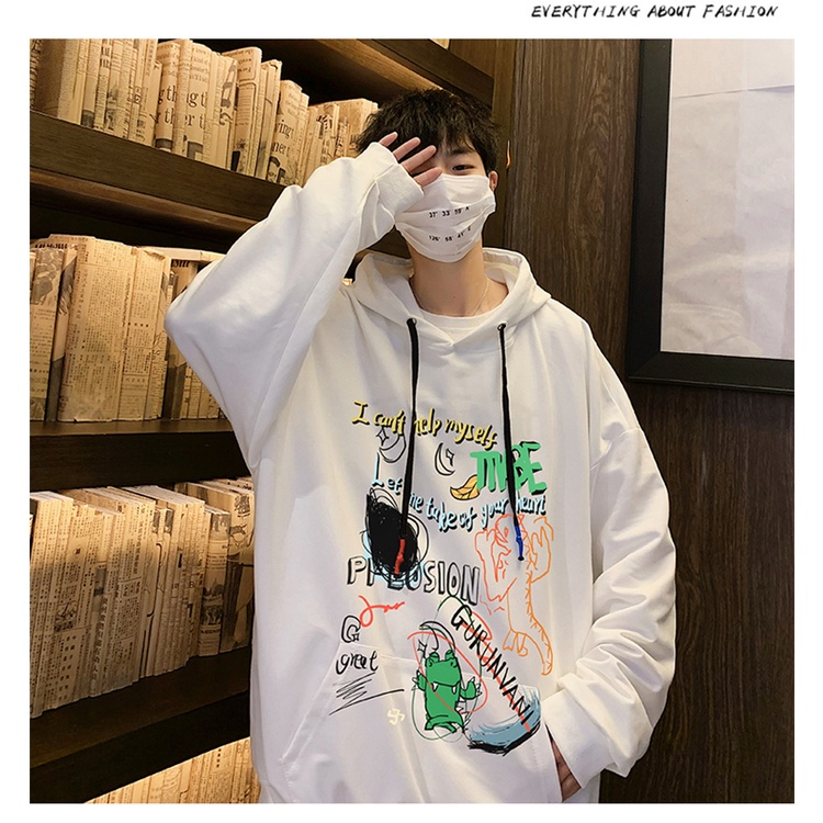 Áo hoodie cổ tròn dáng rộng họa tiết graffiti phong cách hiphop mới 2021 cho nam