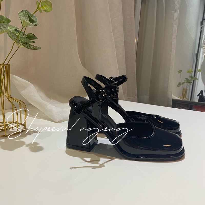 Giày Mary Jane tiểu thư kiểu giày vintage cao gót da bóng
