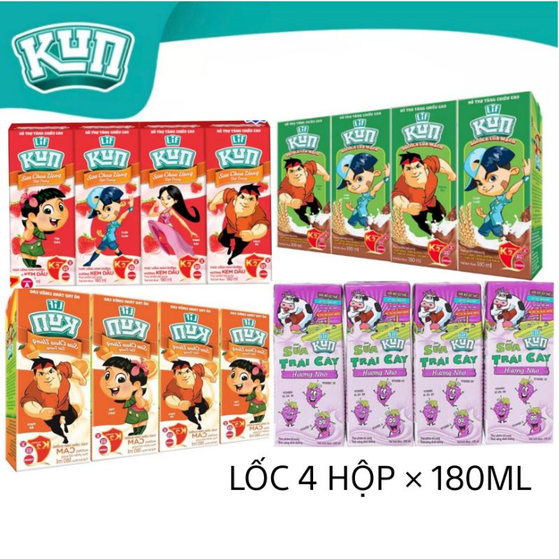 (HỎA TỐC) Lốc 4 hộp 180ml sữa Kun socola/nho/cam/dâu