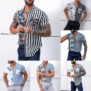 STYLEF-~Men/Mens Button Down Shirt Fitness Short Sleeve Casual Party Hawaiian Tee Top-