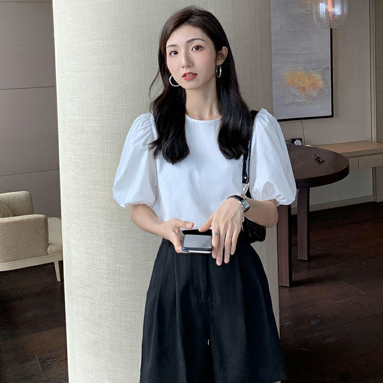 White Puff Sleeve French Style Retro Crew Neck Top for Women2020Summer Bottoming Shirt Short SleeveTT-shirt