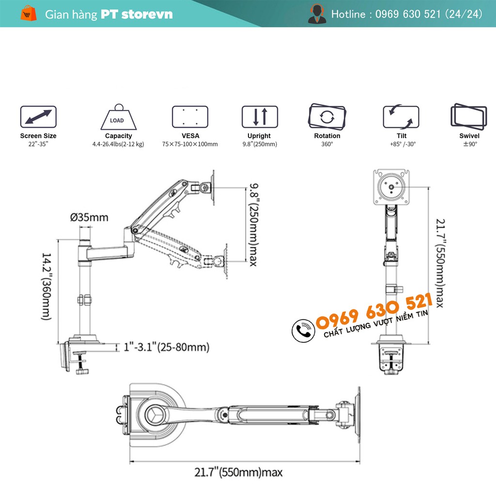 Giá Treo Màn Hình NB H100 - Hỗ Trợ Màn 22 - 35 Inch - Tay Treo Màn Hình Máy Tính Gắn Bàn Xoay 360 Độ