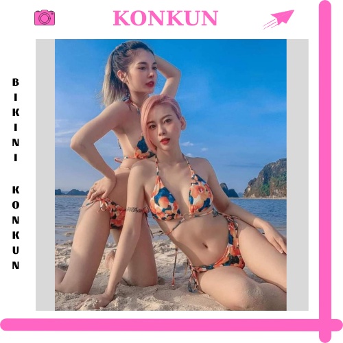 Sét bikini 2 mảnh kèm khăn hoa cam đồ bơi nữ đi biển KONKUN MS112