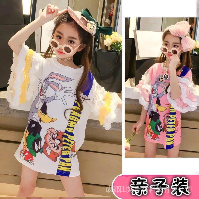 Đầm Thun Tay Ngắn Ống Loe Phối Ren Họa Tiết Hoạt Hình Dễ Thương Thời Trang Mùa Hè Cho Bé Gái 2022T