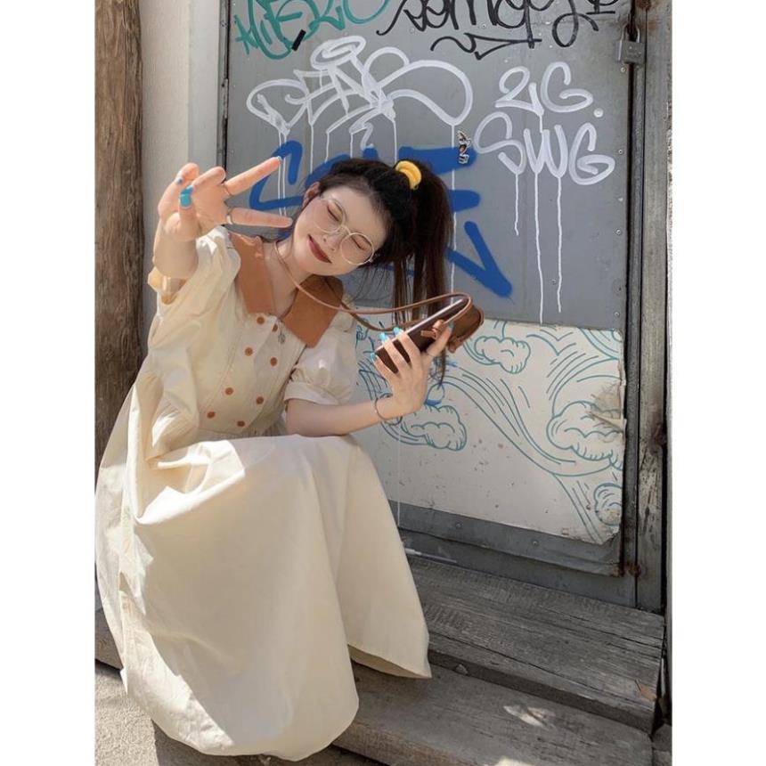 Đầm váy nữ cổ phối màu ống tay ngắn bo chun dáng dài phong cách Hàn Quốc thời trang hè cho nữ | WebRaoVat - webraovat.net.vn