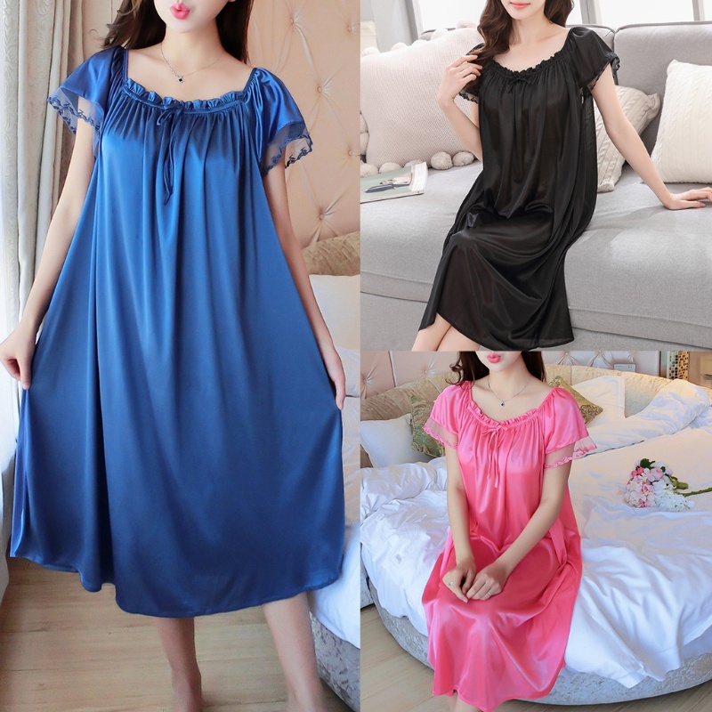 Đầm Ngủ Lụa Lạnh Tay Ngắn Dáng Rộng Phối Ren Plus Size XL Dành Cho Nữ