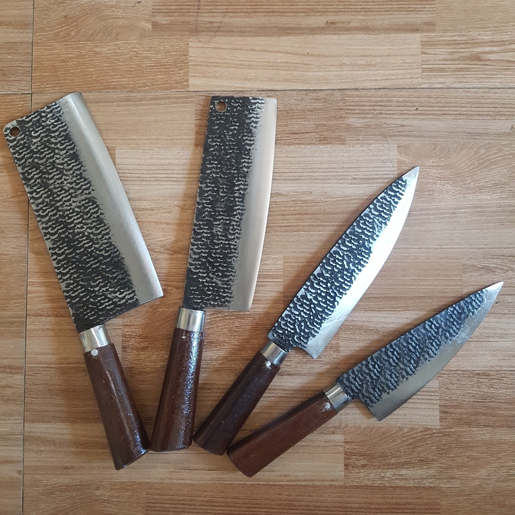 [ GIÁ SỈ ] Bộ 4 dao nhà bếp PLK 002 cán gỗ mun  , rèn thủ công bằng nhíp xe ô tô, Bán sỉ không qua trung gian