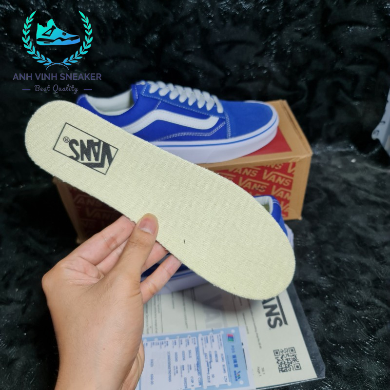 Giày Vans Old Skool Xanh Sọc Trắng Blue White Nam Nữ Cổ Thấp