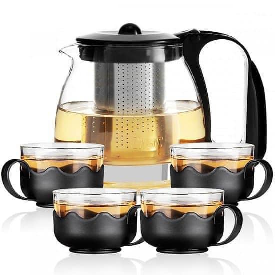 Bộ ấm trà thủy tinh có lưới lõi lọc inox kèm 4 chén dùng để pha cafe trà ngâm rượu hoa quả tiện lợi MiibooShi D2.006