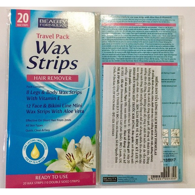 Miếng Wax Lông Ria Mép, Bikini, Tay, Chân (Gói 20 Miếng) Beauty Formulas KHÔNG GÂY ĐAU Anh Quốc