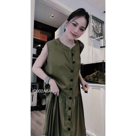Đầm Sát Nách Suông Bầu Váy Sơ Mi Cổ Trụ Dáng Đuôi Cá Màu Xanh Rêu
