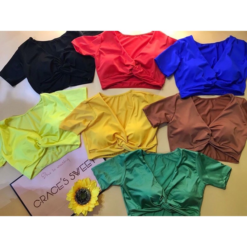 bikini hai mảnh áo croptop cộc tay sẵn mút nâng ngực quần đùi nhún che bụng