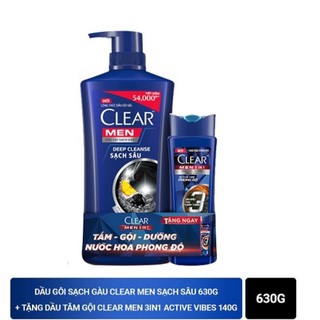 Dầu gội sạch gàu Clear Men sạch sâu 630g + tặng dầu tắm gội Clear Men 3in1 Active Vibes 140g