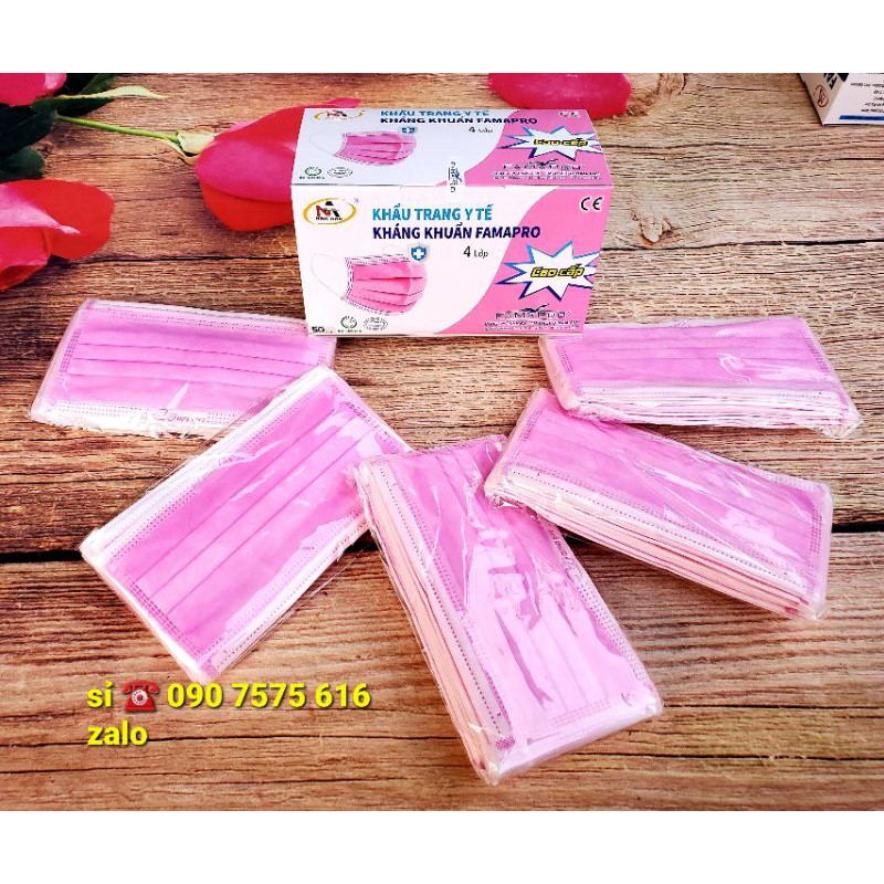 Hộp 50 khẩu trang y tế 4 lớp giấy kháng khuẩn Famapro màu hồng