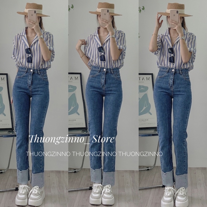 Quần bò gập gấu ống đứng phog cách cổ điển độc đáo Quần jeans ống đứngGập Gấu Co Giãn Hàn Quốc Lưng Cao