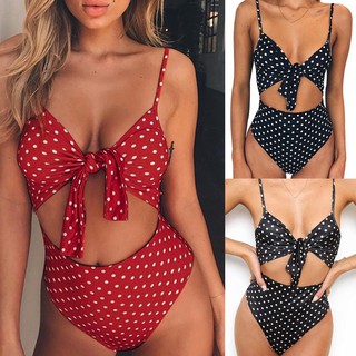 Set bikini liền thân họa tiết chấm bi phối nơ quyến rũ cho nữ