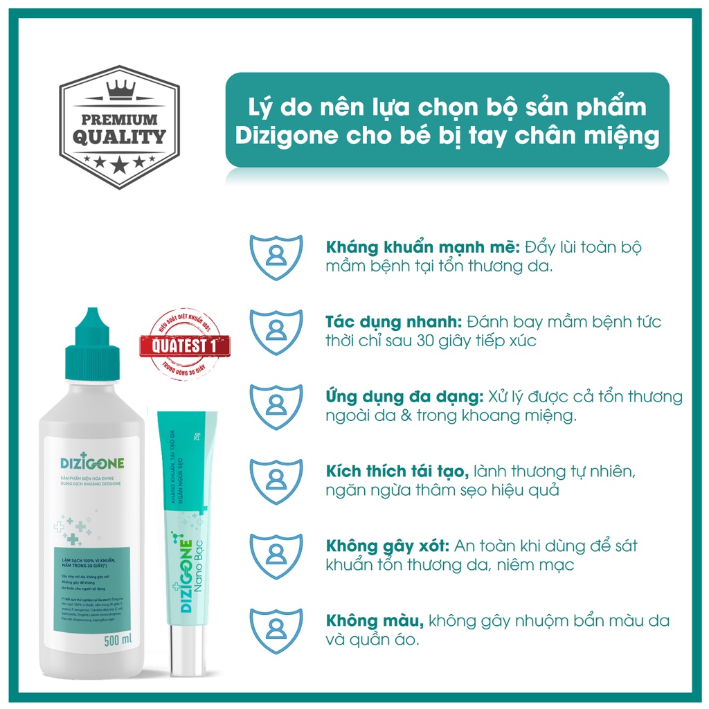 [COMBO Tay chân miệng] Dung dịch Dizigone 500ml &amp; Kem Dizigone Nano Bạc - Hết loét miệng, mụn nước, phát ban sau 1 tuần