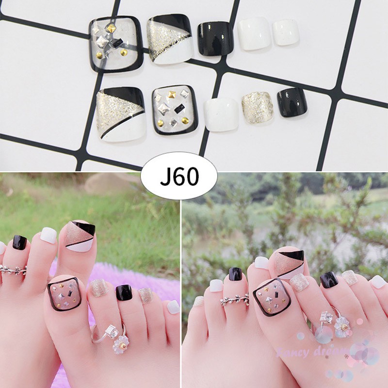 Set 24 móng chân giả nhiều họa tiết độc đáo kèm keo dán tiện dụng cho nữ