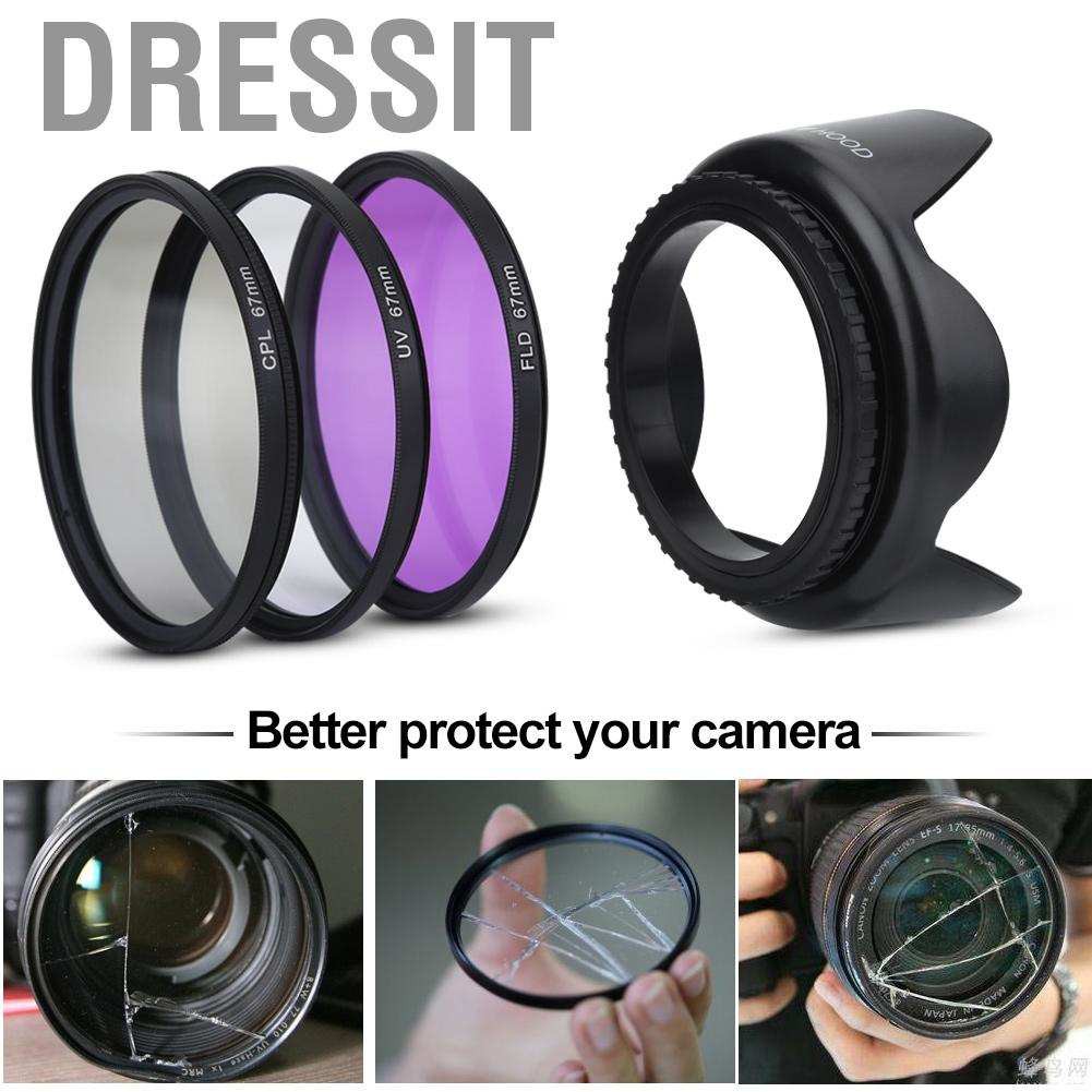 Dressit 67MM UV CPL FLD Lens Filter Kit+Hood Cap Photo for Canon Sony Nikon DSLR Camera