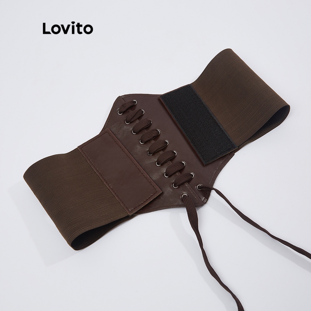 Áo corset Lovito màu trơn phối dây rút cột dây qua khoen định hình cơ thể phong cách thường ngày L18X348 (Màu cà phê/đen)