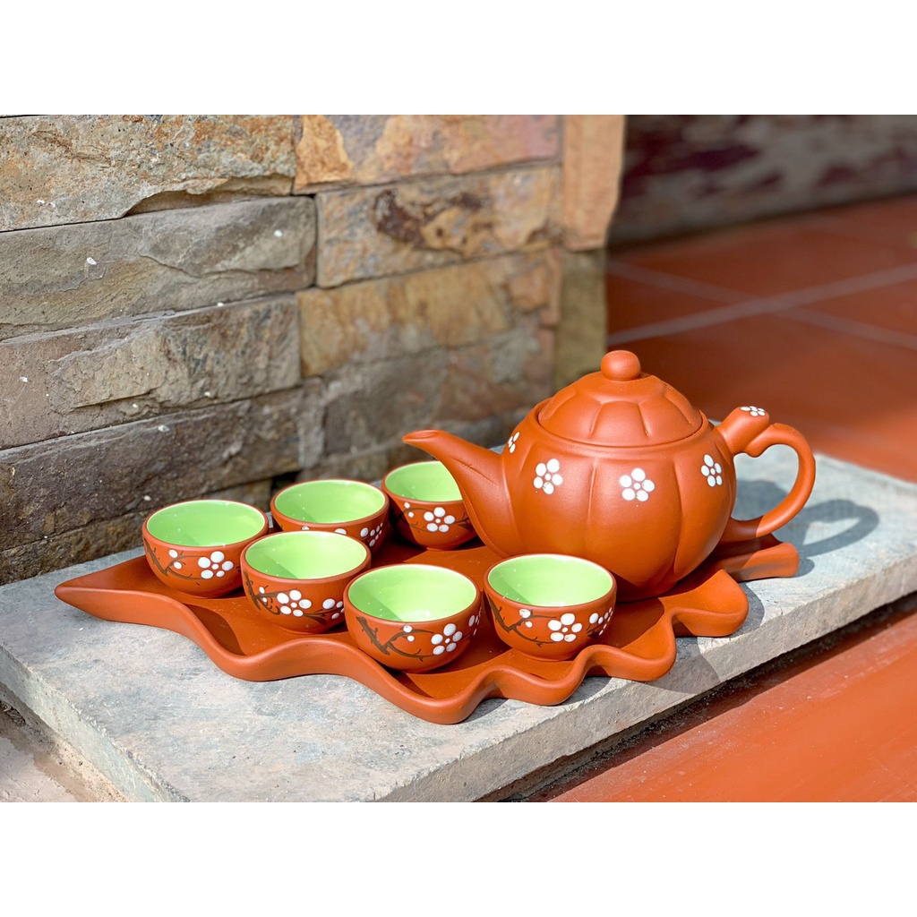 Bộ ấm chén tử sa Bát Tràng ấm tử sa cao cấp kèm khay lá đắp thủ công tinh xảo