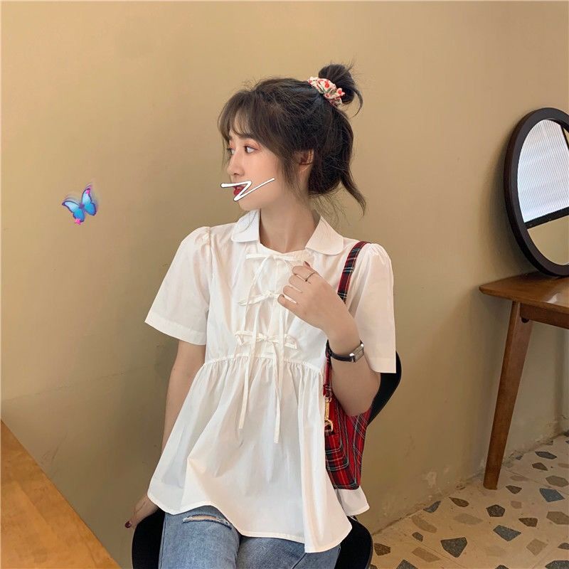 Áo Sơ Mi Tay Ngắn Dáng Rộng Màu Trơn Cột Nơ Dễ Thương Thời Trang Mùa Hè Cho Bạn Gái