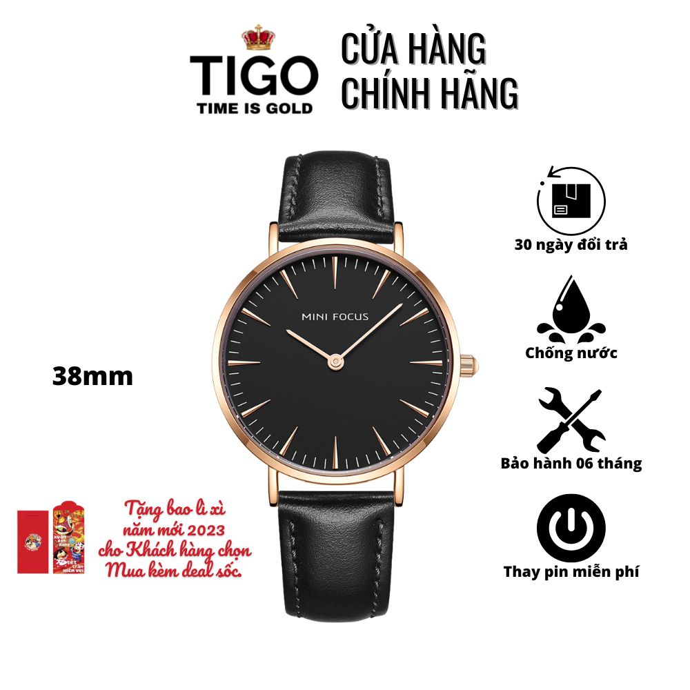 Đồng Hồ Nam Nữ MINI FOCUS MF0318L.05 Dây Da Đen Viền Vàng Thép Không Gỉ Cao Cấp Mặt Tròn Đường Kính 38mm Chống Nước