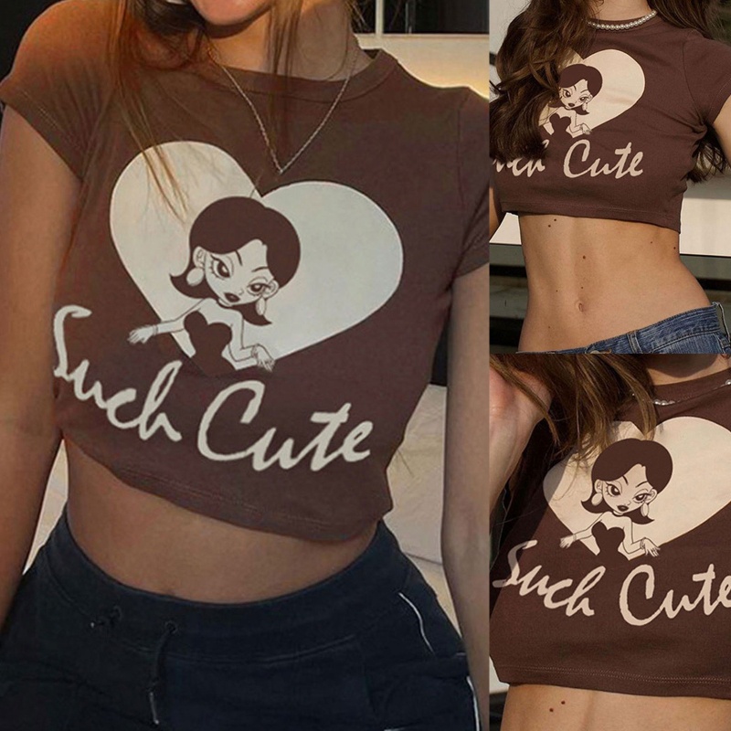 Áo Thun Tay Ngắn Dáng Ôm In Họa Tiết Hoạt Hình Phong Cách Vintage Thời Trang Mùa Hè Cho Nữ