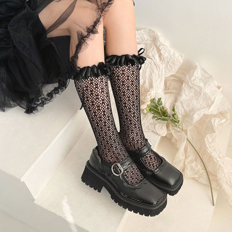 Vớ lưới ống cao vừa phối bèo thắt nơ ruy băng bằng vải satin phong cách Lolita Nhật Bản ngọt ngào cho nữ