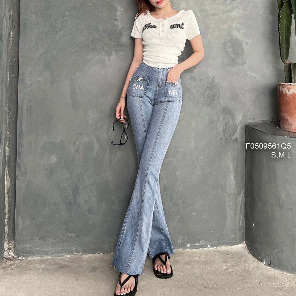 Quần jean dài ống loe đắp túi trước chữ lưng cao tôn dáng!