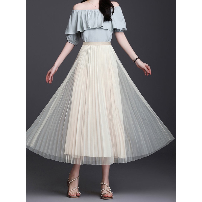 Chân Váy Chữ A Phối Lưới Xếp Ly Thời Trang Mùa Hè 2022 Cho Nữ