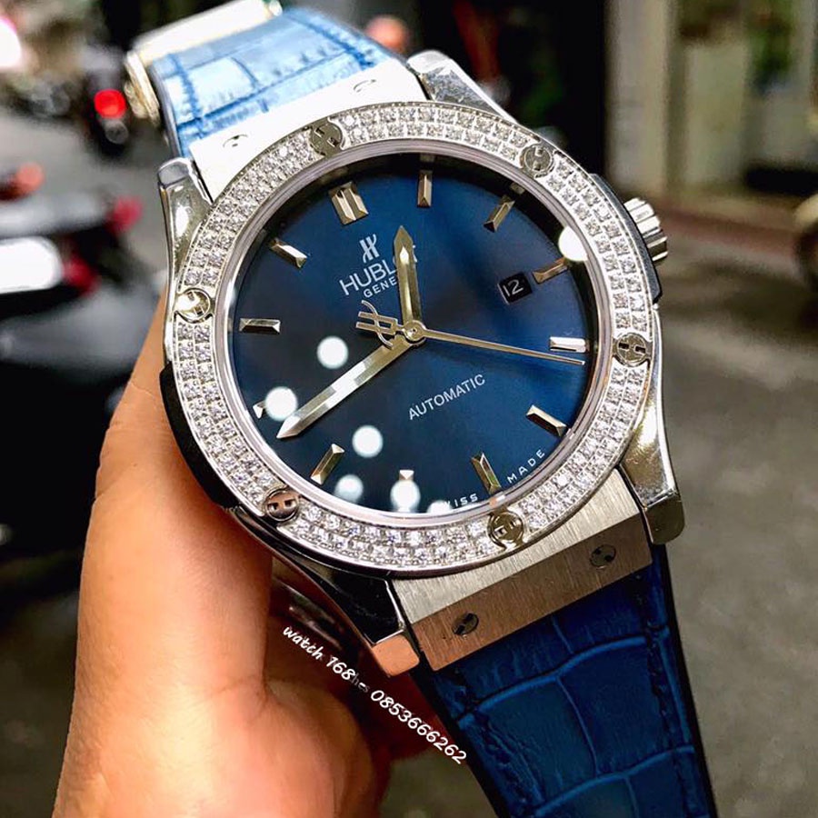 Đồng hồ Nam Đồng hồ cơ Automatic máy nhật, mẫu xanh viền trắng đá kép, size 38mm-42mm