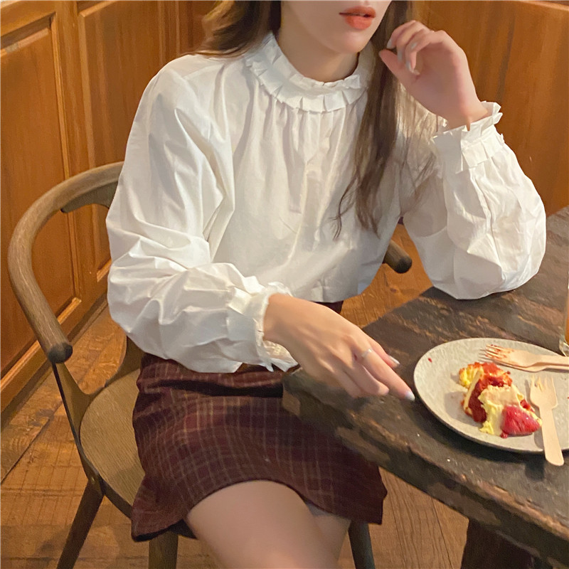 Áo trắng nữ cổ tròn tay dài thanh lịch thời trang 38085