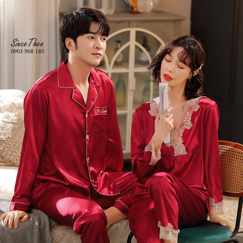Đồ ngủ đôi nam nữ dài tay phối ren, đồ ngủ đôi tân hôn vợ chồng mới cưới màu đỏ - Since Then